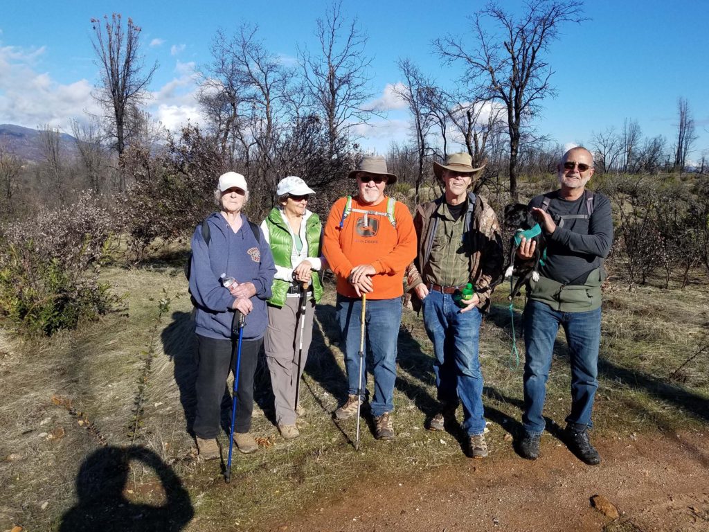 Trail 58 hikers on the December 14, 2019, field trip. Left to right: Judy Mauzey, Paula Crumpton, Bob Madison, David Ledger, Baxster the Dog, and Chris Harvey.