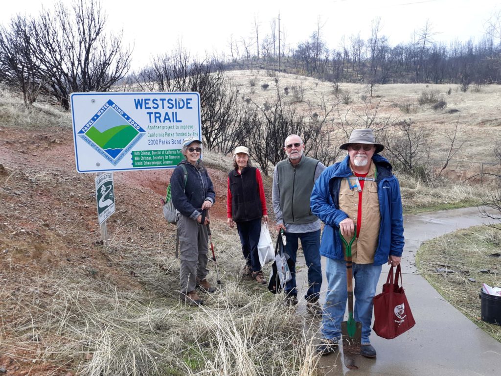 Mary Ann McCrary, Karen Little, Chris Harvey, and Bob Madison–the acorn planting crew on the Westside Trail hike of December 8, 2019.