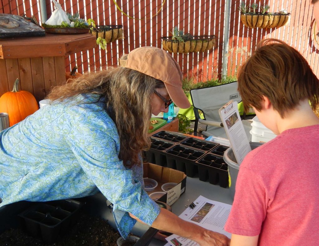 Margaret Widdoson describes seeds to a young attendee at the AFTA event.