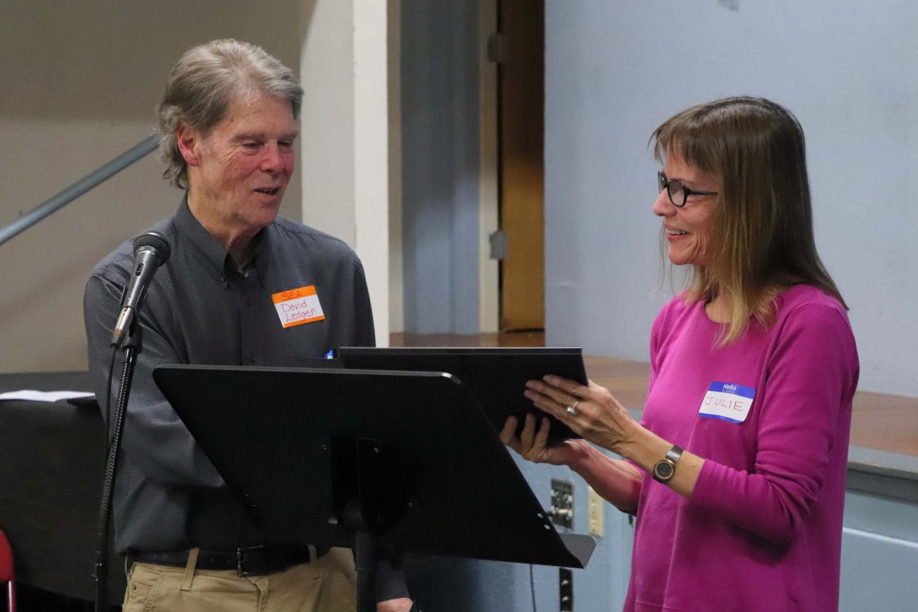 David Ledger presenting Shasta Chapter CNPS member Julie Kierstead with her certificate of achievement at SEA’s First Annual Environmental Champion Awards.