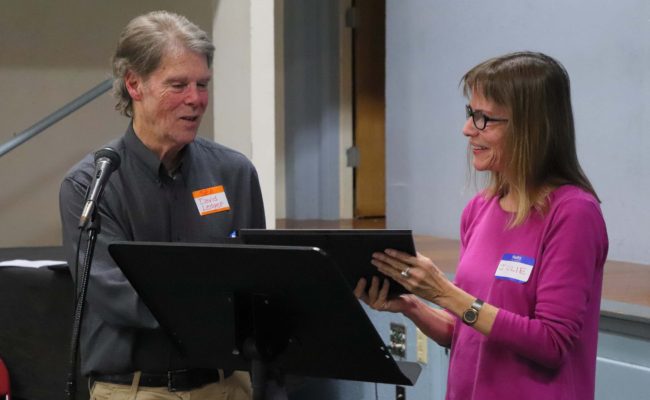 David Ledger presenting Shasta Chapter CNPS member Julie Kierstead with her certificate of achievement at SEA’s First Annual Environmental Champion Awards.