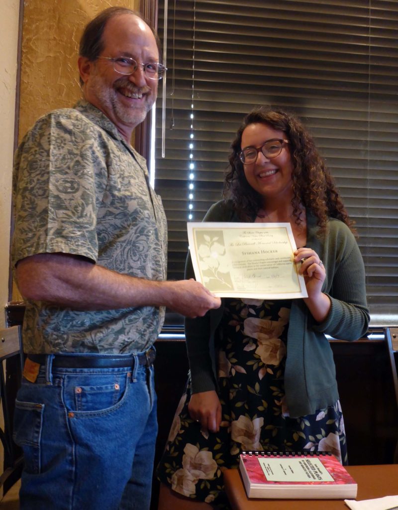 Scholarship Committee Chair Don Burk presenting the 2019 Lee Bunnell Memorial Chapter Scholarship to first-place award winner, Syshana Hocker, at our June Chapter meeting. Photo by Laurie Burk.