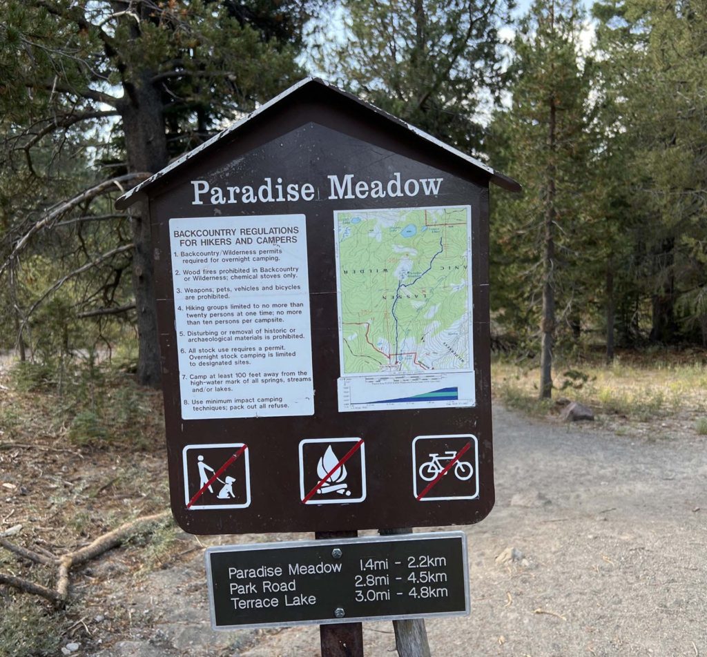 Paradise Meadow Trailhead sign. B. Madison.