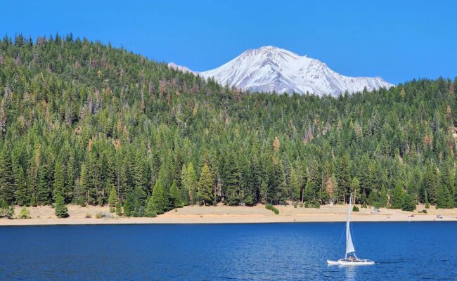 Lake Siskiyou, Mt. Shasta, & catamaran. D. Burk.