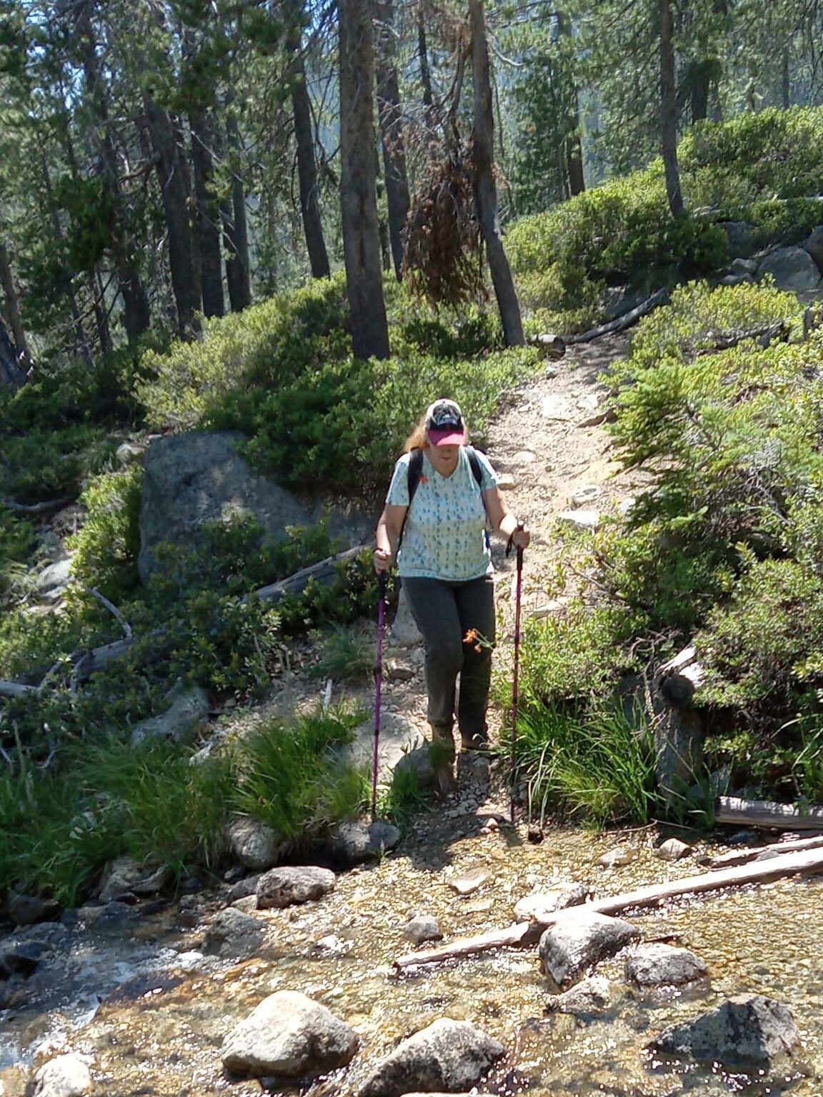 Brigitte crossing a creek. D. Ledger. Caldwell Lakes. 7-22-23.