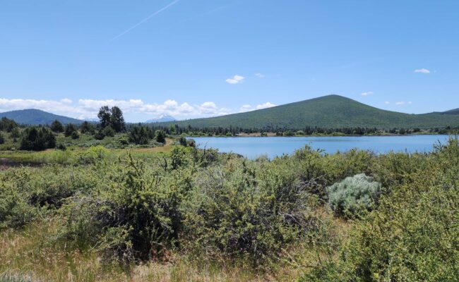 Fall River Lake, trail, and mountains. D. Burk.