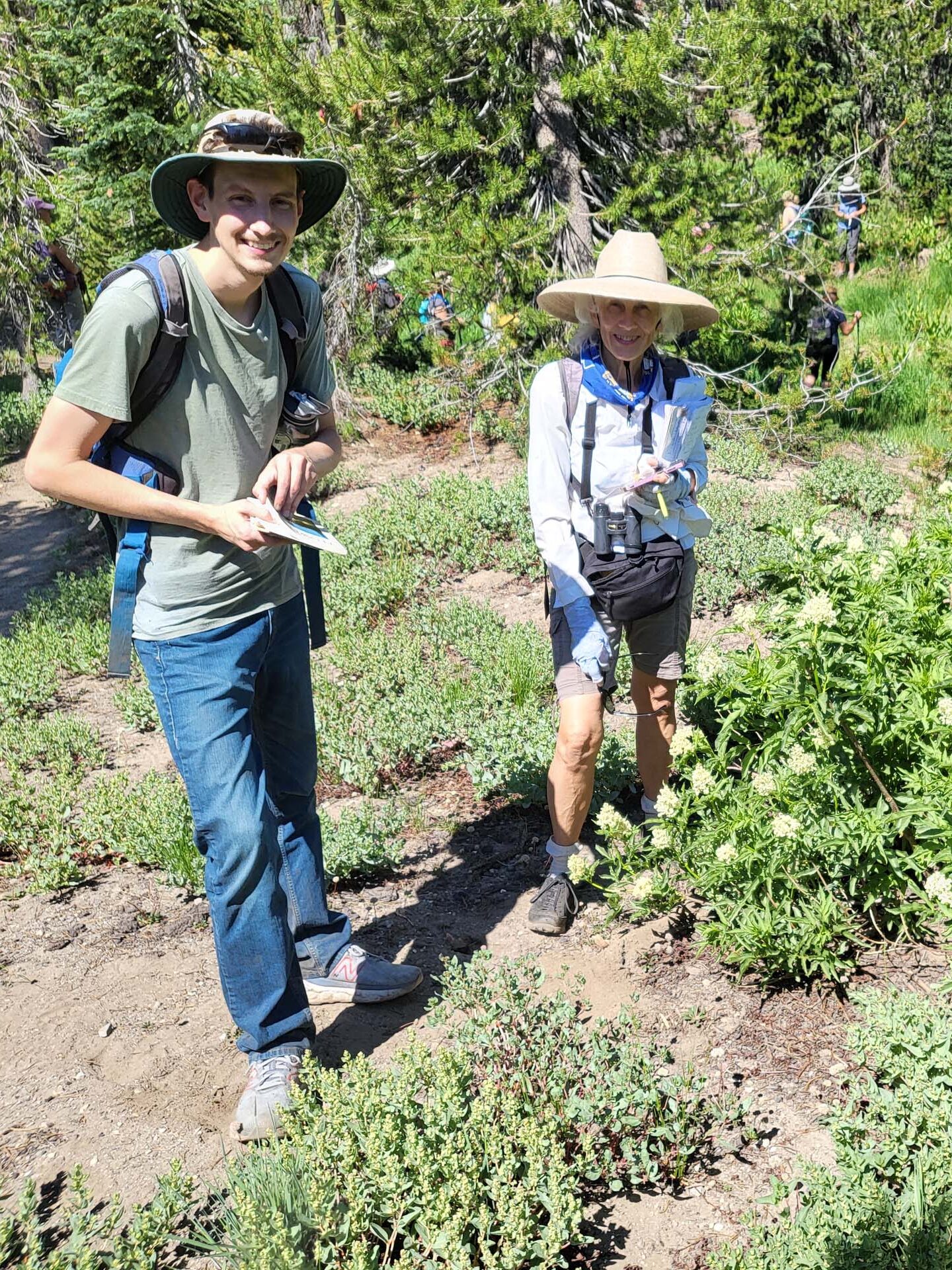 Ashton Smith, Marti Weidert, and red elderberry. D. Mandel. Crumbaugh and Cold Boiling lakes, Lassen Volcanic National Park, on the field trip of July 8, 2024.