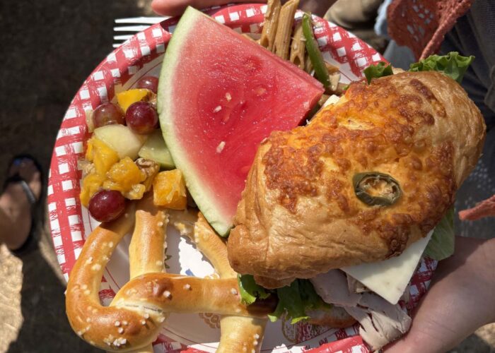 A full plate of food, including fruit, a soft pretzel, and sandwich. Photo by J. Kelley.