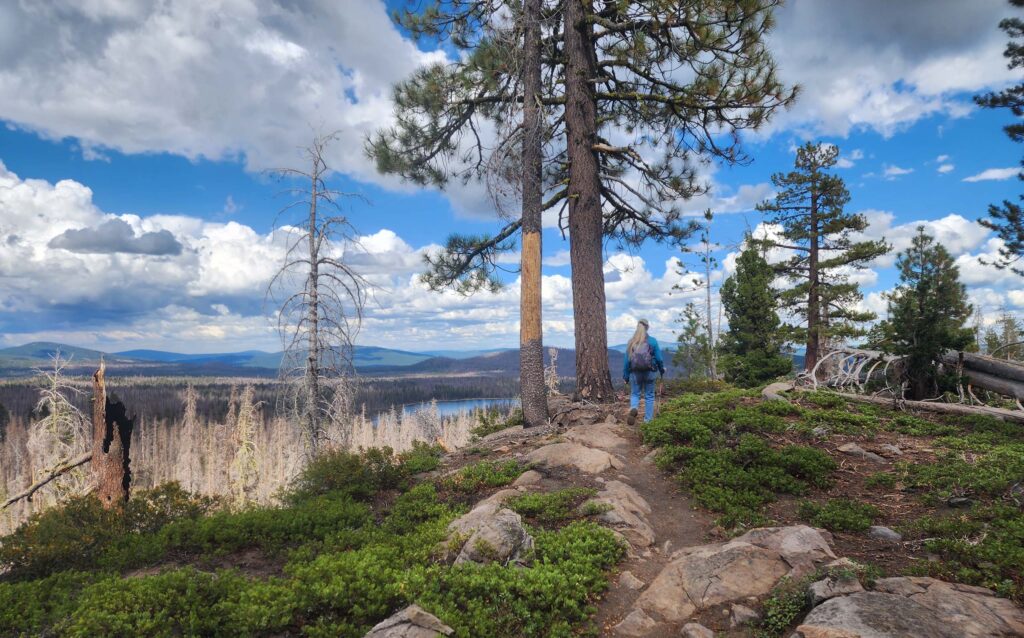 Trail between Rim & Emerald lakes. Silver Lake & Dixie Fire footprint in mid frame. D. Burk.