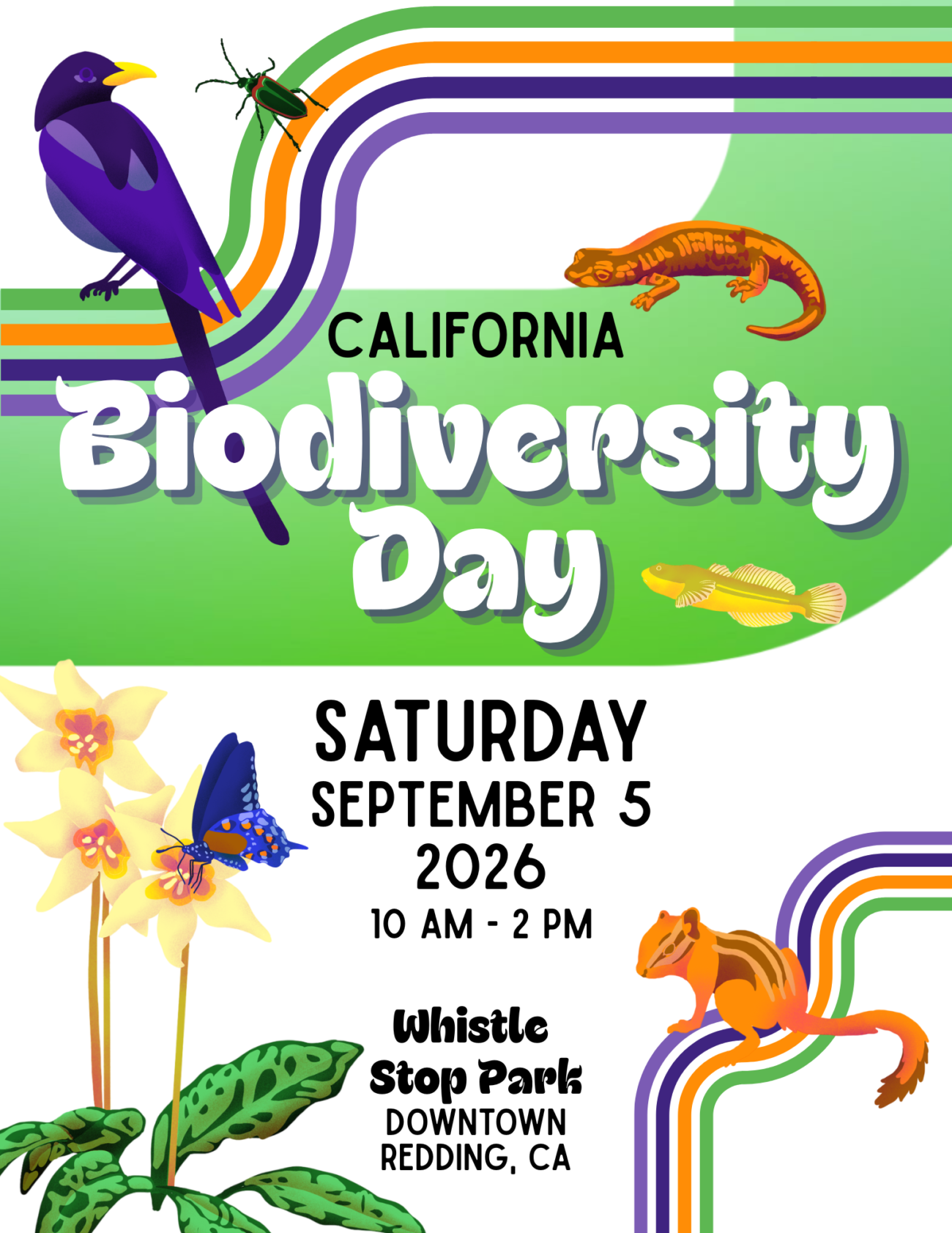 Poster for California Biodiversity Day on September 5, 2026 at Whistlestop Park in Redding, CA